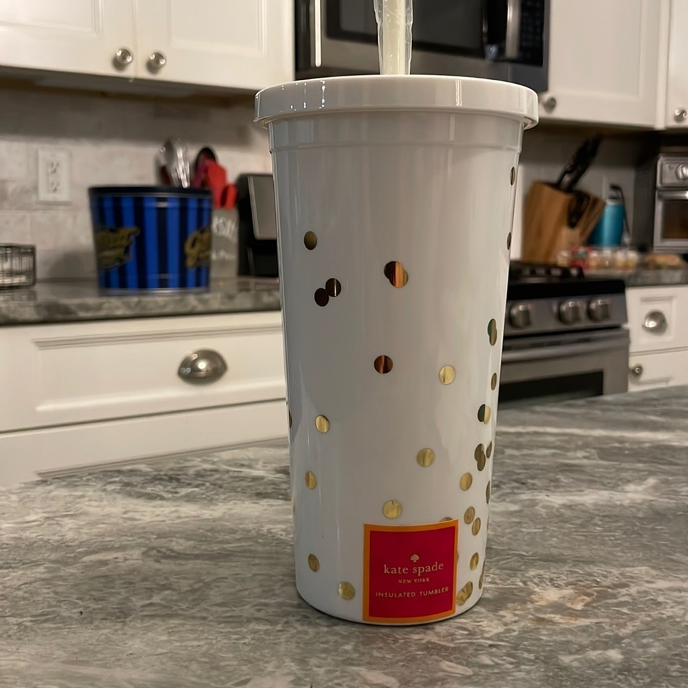NWT Kate Spade CONFETTI polka dot gold and cream tumbler Cup mug